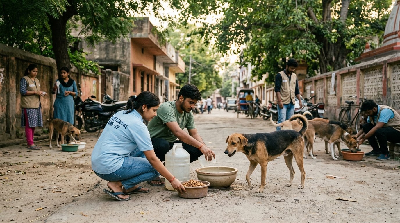 A volunteer feeding a stray dog.