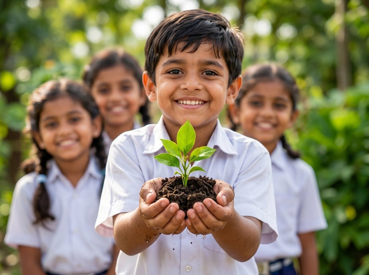 Indian school boy holding green plant sapling in soil with smiling classmates - ITLC Foundation