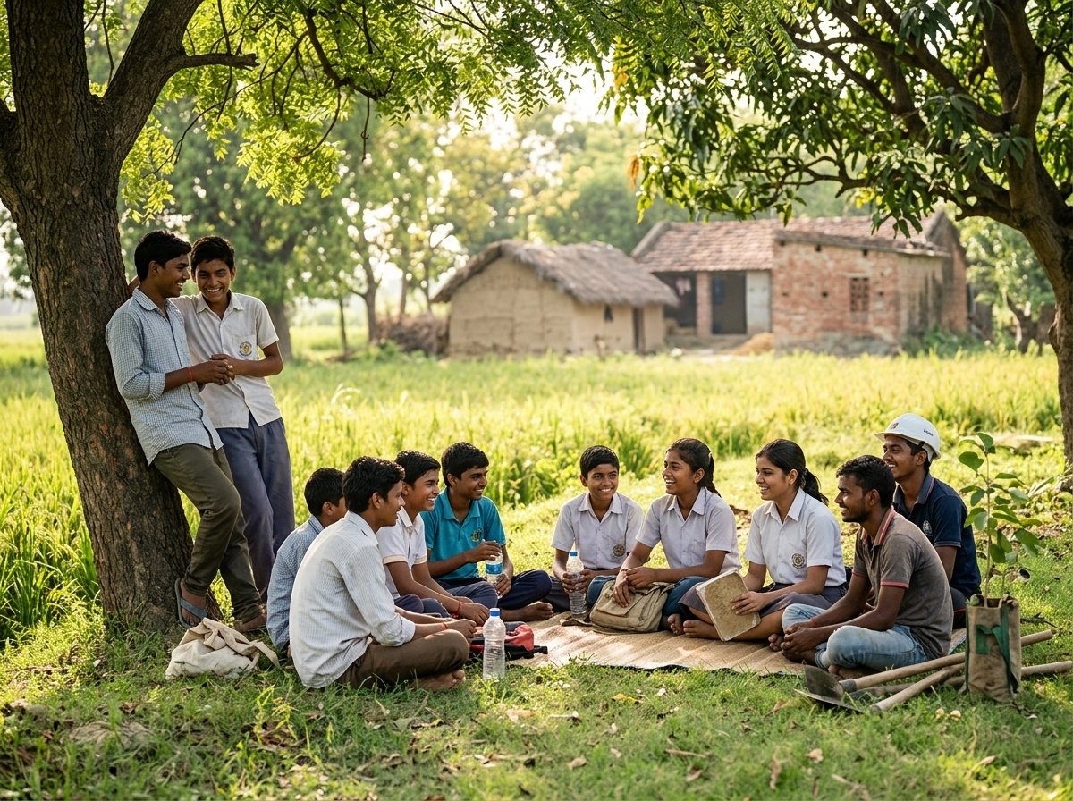 Volunteers and students working together on community welfare program